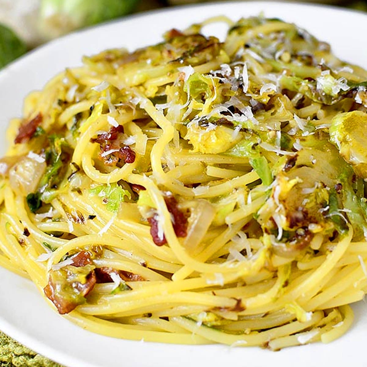 Bacon and Brussels Sprouts Spaghetti Carbonara