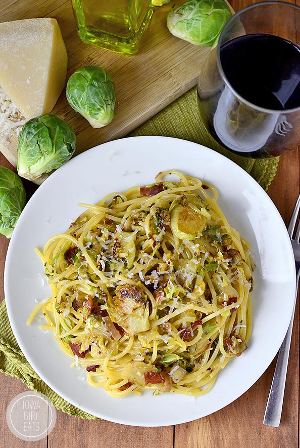Bacon and Brussels Sprouts Spaghetti Carbonara #glutenfree | iowagirleats.com