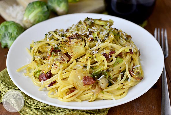 Bacon and Brussels Sprouts Spaghetti Carbonara #glutenfree | iowagirleats.com