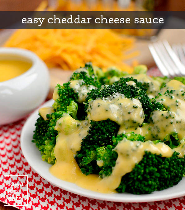 easy cheese sauce over broccoli with a fork