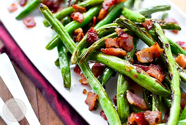 platter of sauted green beans and bacon