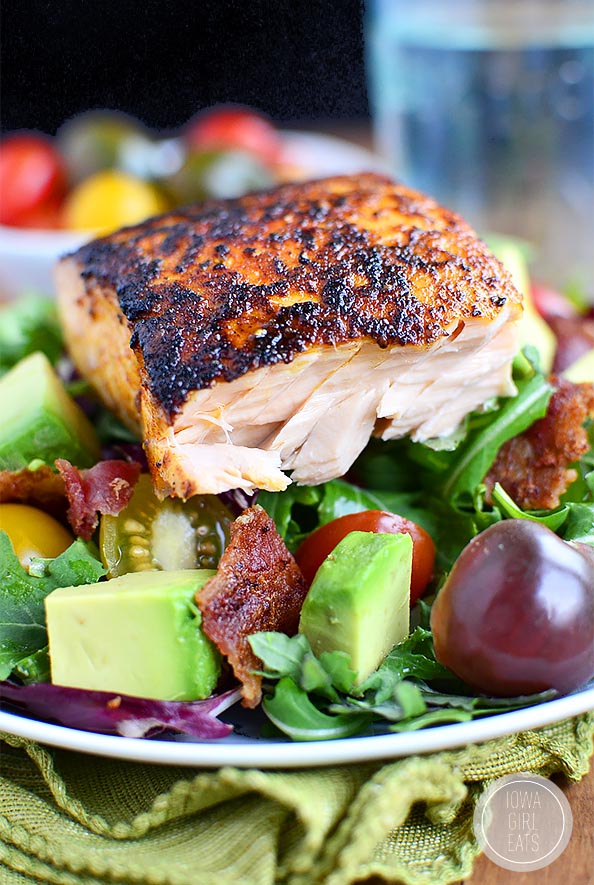 BBQ Salmon BLT Salad #glutenfree | iowagirleats.com