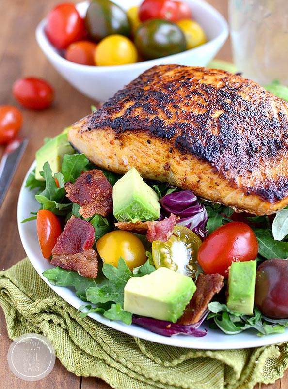 BBQ Salmon BLT Salad #glutenfree | iowagirleats.com
