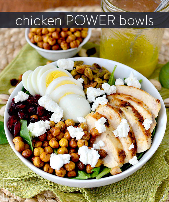 chicken power bowl with crispy garbanzo beans
