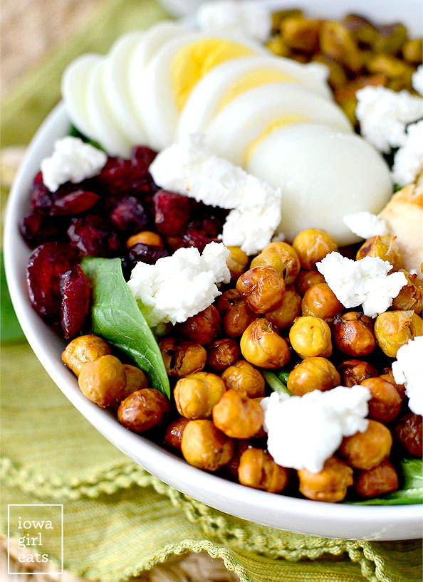 chicken power bowl salad with goat cheese in a bowl