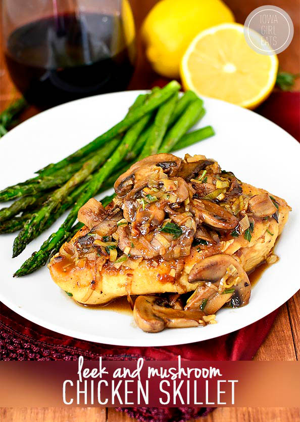 saucy leek and mushroom chicken on a plate
