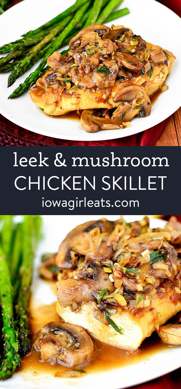 photo collage of leek and mushroom chicken skillet