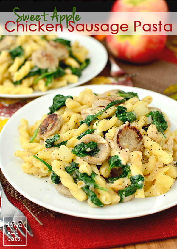 two plates of sweet apple chicken sausage pasta