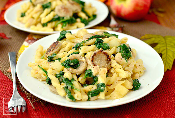 sweet apple chicken sausage pasta on a plate