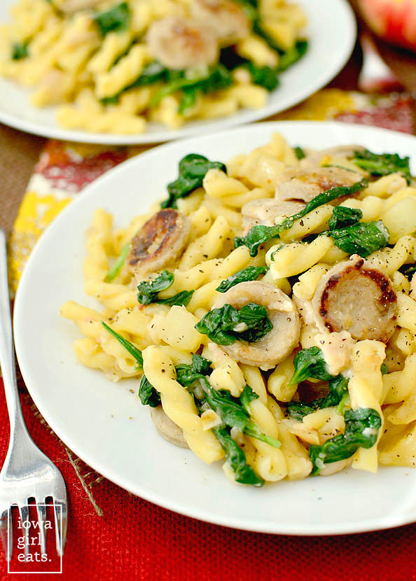 pasta with chicken sausage, apples, and spinach