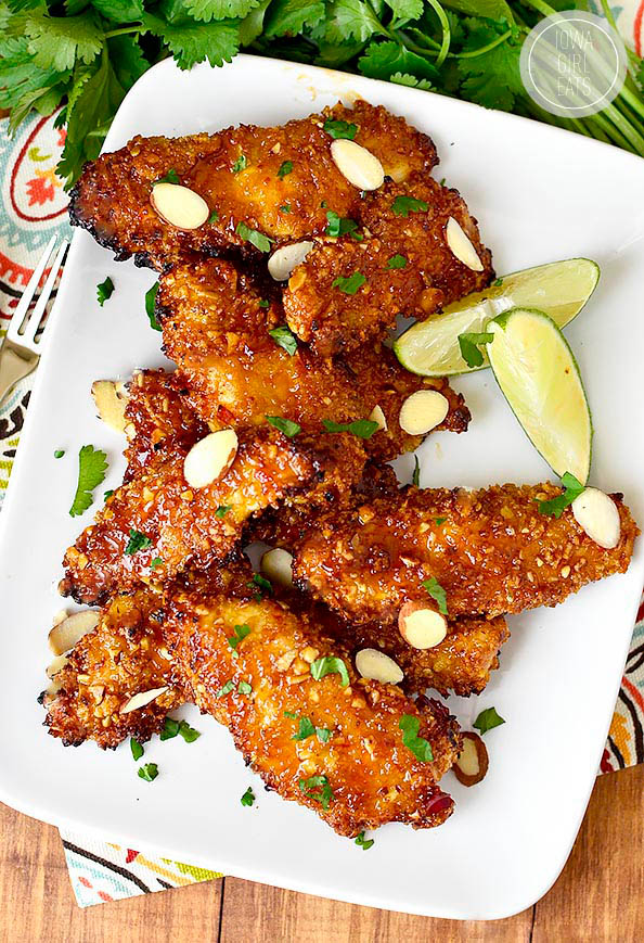 overhead photo of thai sticky chicken fingers on a platter