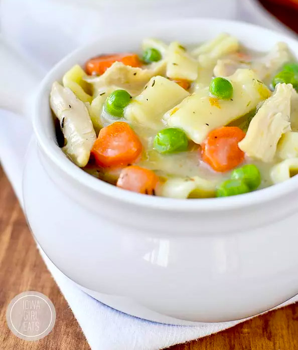 homemade gluten free noodles in a bowl with chicken and vegetables