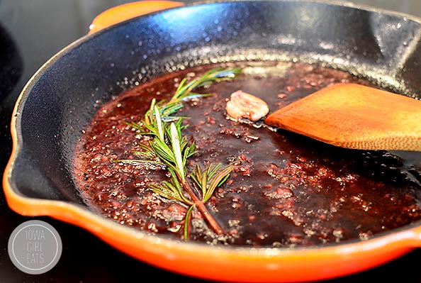 wine pan sauce in a skillet for steaks