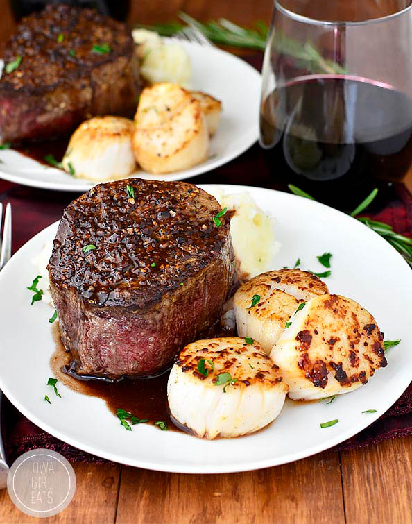 Surf and Turf for Two on plates with wine