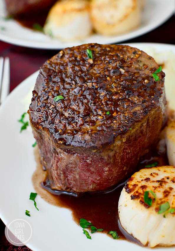 Perfectly cooked filet mignon on a plate