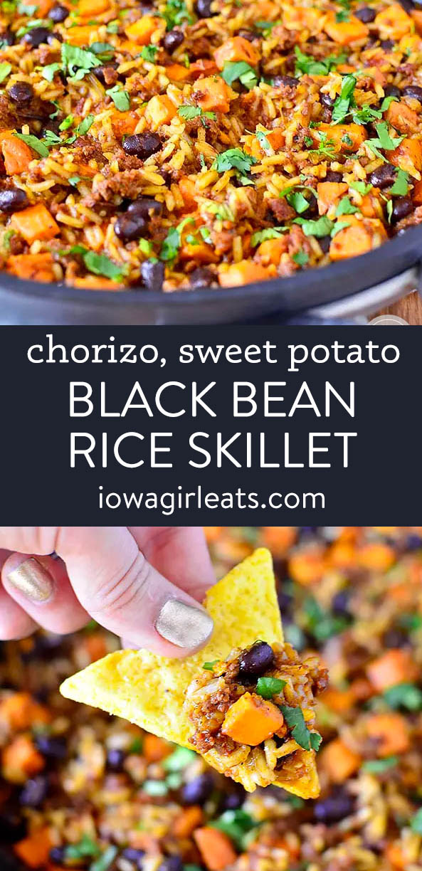 photo collage of chorizo sweet potato black bean rice skillet