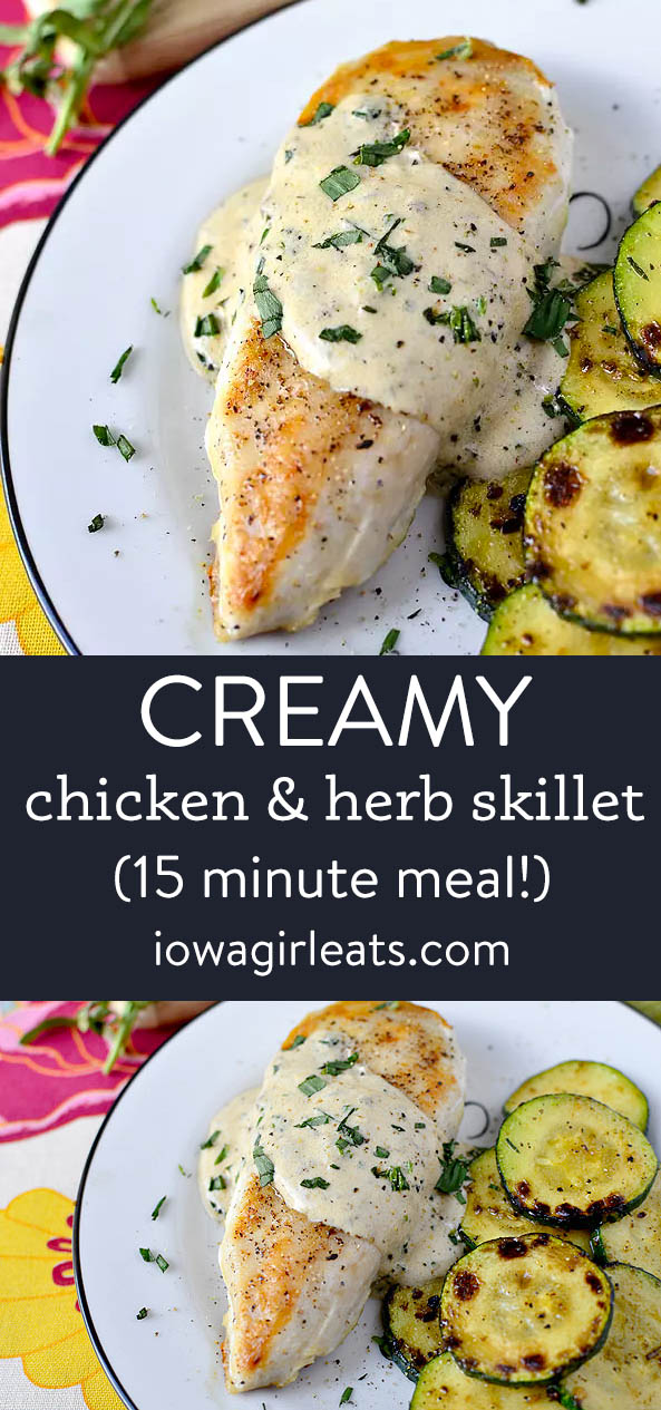 photo collage of creamy chicken and herb skillet