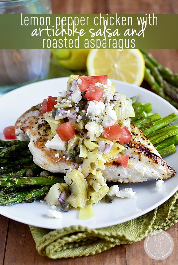 Lemon Pepper Chicken with Artichoke Salsa and Roasted Asparagus is a fresh and healthy 30 minute meal for spring! #glutenfree | iowagirleats.com