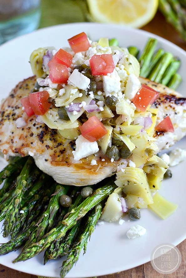 Lemon Pepper Chicken with Artichoke Salsa and Roasted Asparagus is a fresh and healthy 30 minute meal for spring! #glutenfree | iowagirleats.com