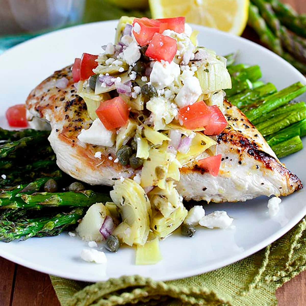 Lemon Pepper Chicken with Artichoke Salsa and Roasted Asparagus