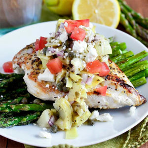 Lemon Pepper Chicken with Artichoke Salsa and Roasted Asparagus