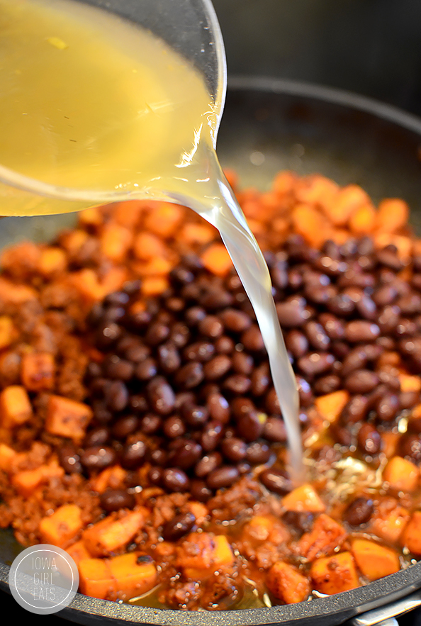 Mexican Chorizo, Sweet Potato and Black Bean Rice Skillet #glutenfree #dairyfree | iowagirleats.com