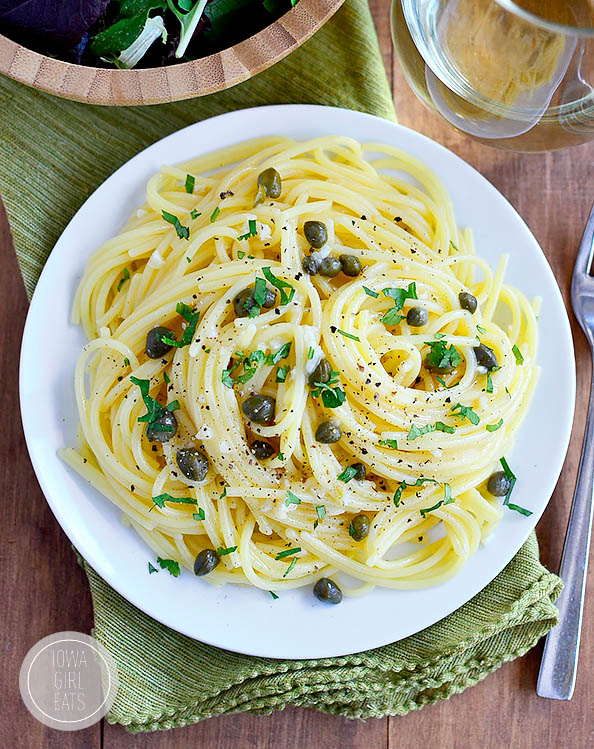 gluten free pasta with garlic butter swirled on a plate