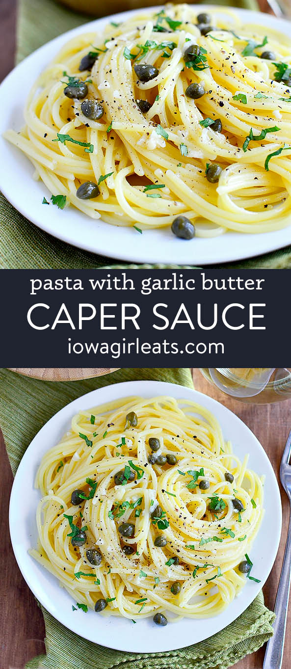 photo collage of pasta with garlic butter and capers