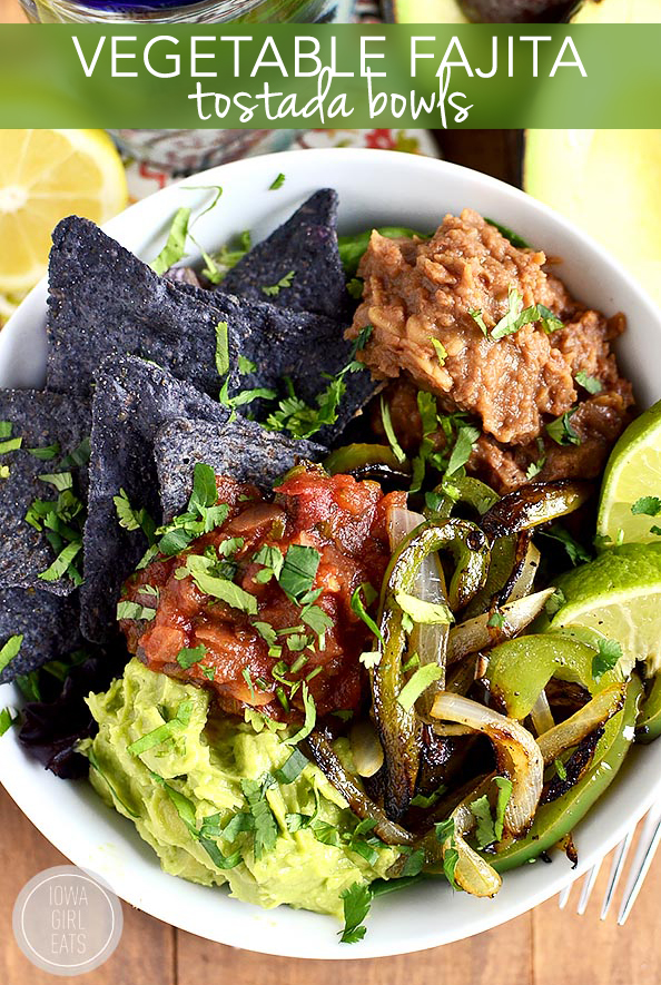 Vegetable Fajita Tostada Bowls are a delicious mix of vegetable fajitas and filling tostadas. Fresh, healthy, and ready in 20 minutes! #glutenfree | iowagirleats.com