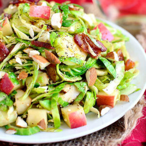 Plateful of almond bacon brussels sprouts salad