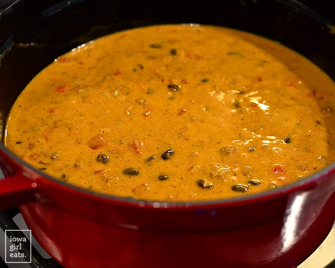 Pot of cheesy taco soup