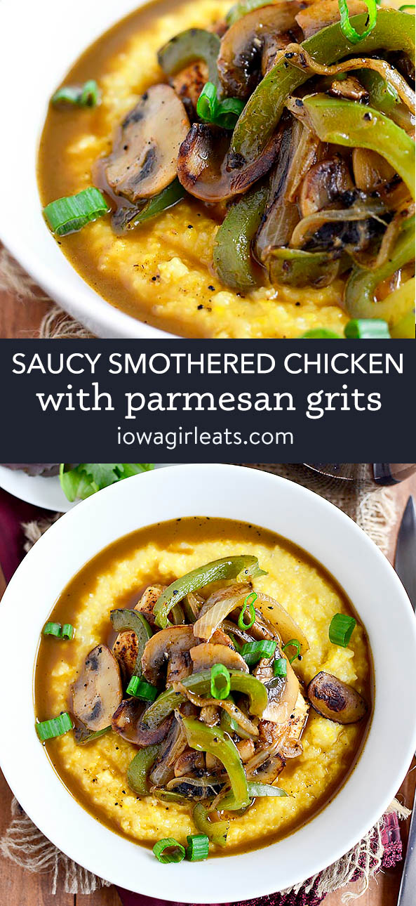 photo collage of saucy smothered chicken with parmesan grits