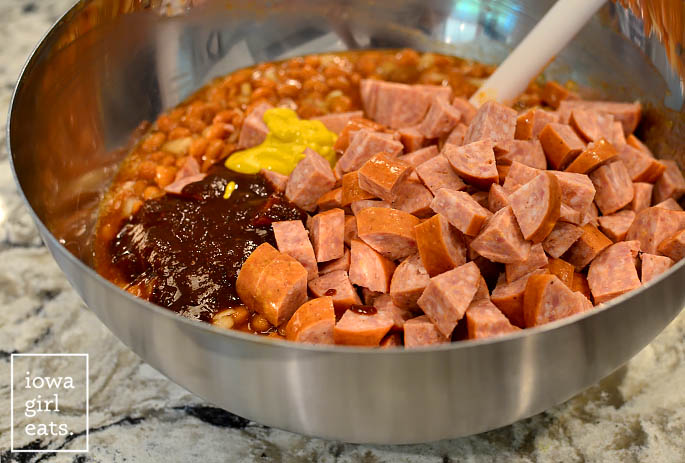 baked beans ingredients in a mixing bowl
