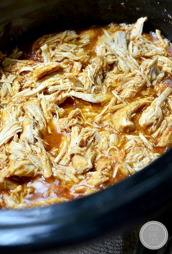 Crock Pot BBQ Chicken with Homemade BBQ Sauce is easy and luscious - use for sandwiches, nachos, wraps, and more! #glutenfree | iowagirleats.com