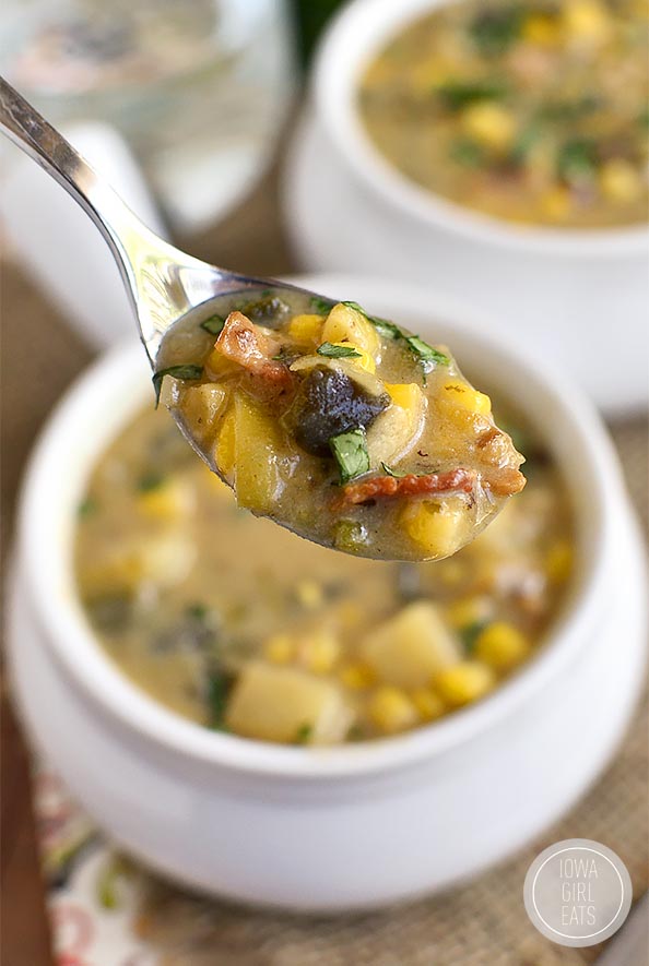 Thicker than soup but thinner than stew, Roasted Poblano, Sweet Corn and Potato Stoup is warming and filling. You will go back for bowl after bowl! #glutenfree | iowagirleats.com