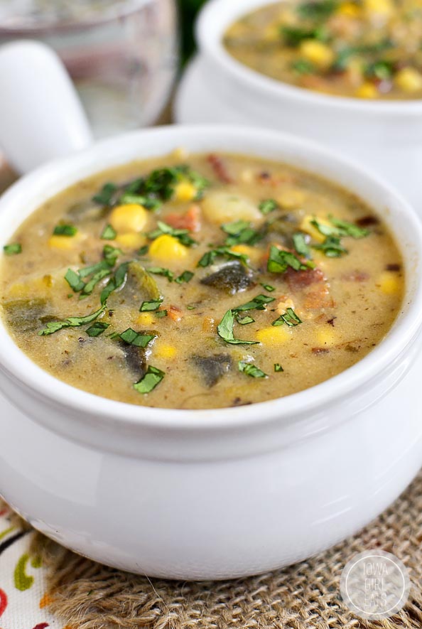 Thicker than soup but thinner than stew, Roasted Poblano, Sweet Corn and Potato Stoup is warming and filling. You will go back for bowl after bowl! #glutenfree | iowagirleats.com
