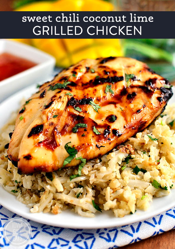 sweet chili coconut lime grilled chicken on a plate with coconut lime cauliflower rice