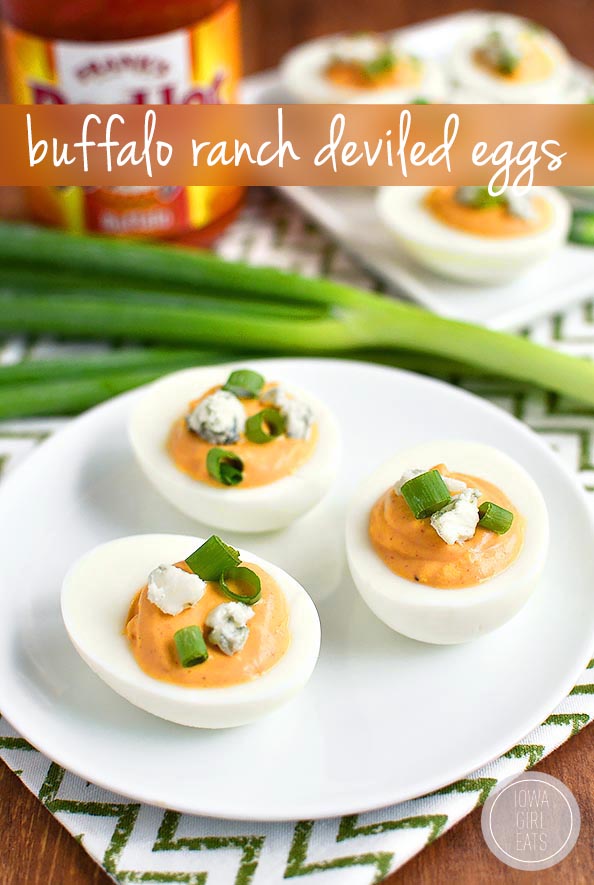 Buffalo Ranch Deviled eggs are truly devilish-tasting thanks to spicy buffalo wing sauce and cooling ranch dressing in the mix! #glutenfree | iowagirleats.com