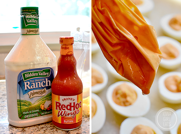Buffalo Ranch Deviled Eggs are truly devilish-tasting thanks to spicy buffalo wing sauce and cooling ranch dressing in the mix! #glutenfree | iowagirleats.com