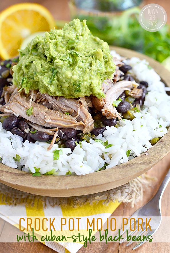 Crock Pot Mojo Pork with Cuban-Style Black Beans is a simple and satisfying long-cooking crock pot recipe. Use to make tacos, nachos, or rice bowls! #glutenfree | iowagirleats.com