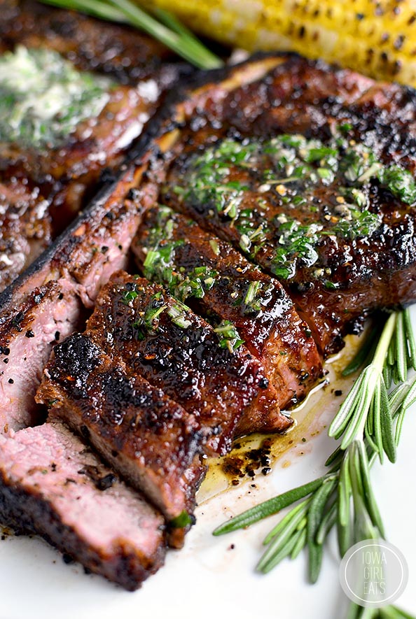 Perfect Grilled Steak with Herb Butter features a homemade dry rub and melty herb butter finish. Absolutely mouthwatering! #glutenfree | iowagirleats.com