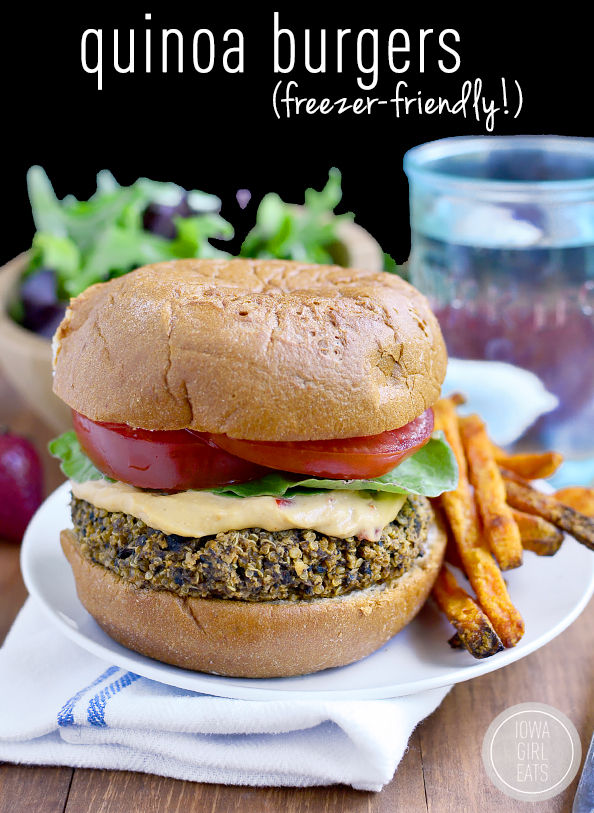Quinoa burgers are vegetarian and gluten-free, yet packed with protein and totally delicious. Freezer-friendly, too! #glutenfree | iowagirleats.com