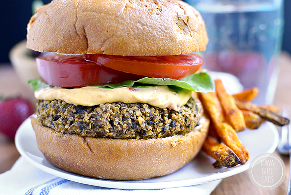 Quinoa burgers are vegetarian and gluten-free, yet packed with protein and totally delicious. Freezer-friendly, too! #glutenfree | iowagirleats.com