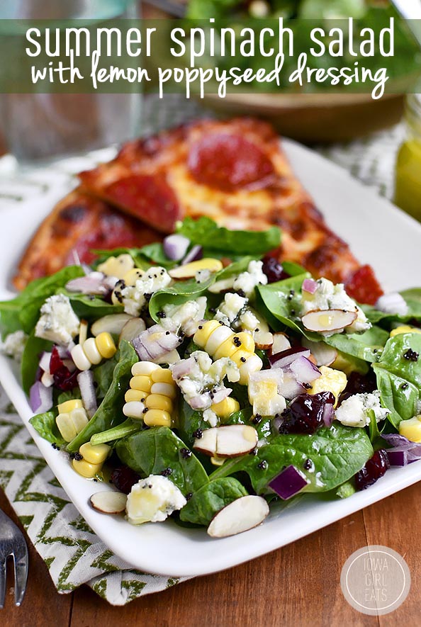 Summer Spinach Salad with Lemon Poppyseed Dressing is full of fresh summer fruits and vegetables! #glutenfree | iowagirleats.com