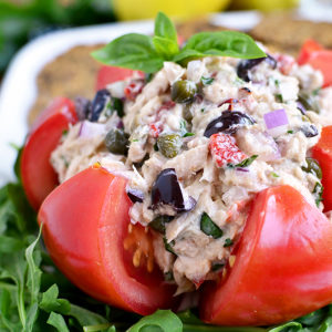 Mediterranean Tuna Salad is fresh and light - serve in a tomato, on a salad, between twi slices of bread, or with crackers! #glutenfree | iowagirleats.com