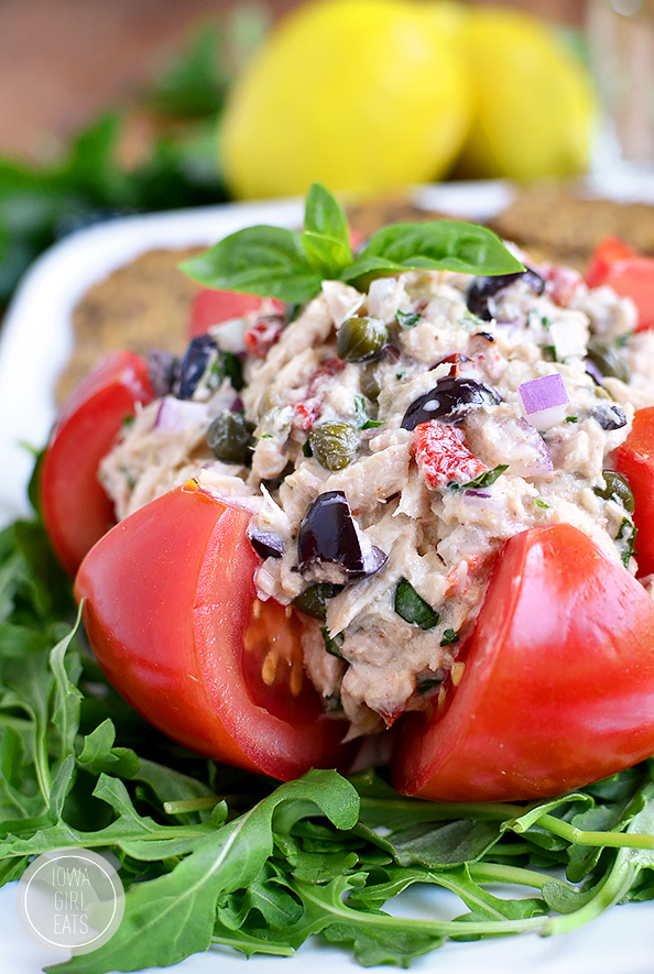 Mediterranean Tuna Salad is fresh and light - serve in a tomato, on a salad, between twi slices of bread, or with crackers! #glutenfree | iowagirleats.com