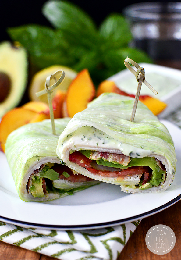 California Turkey and Bacon Lettuce Wraps with Basil-Mayo are fresh, filling, and come together in minutes! #glutenfree | iowagirleats.com
