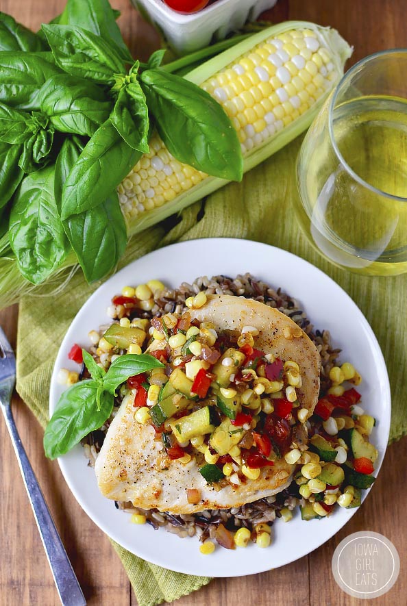 Chicken with Summer Succotash is fresh, healthy, and fast. Enjoy this light and tasty dish all summer long! #glutenfree | iowagirleats.com