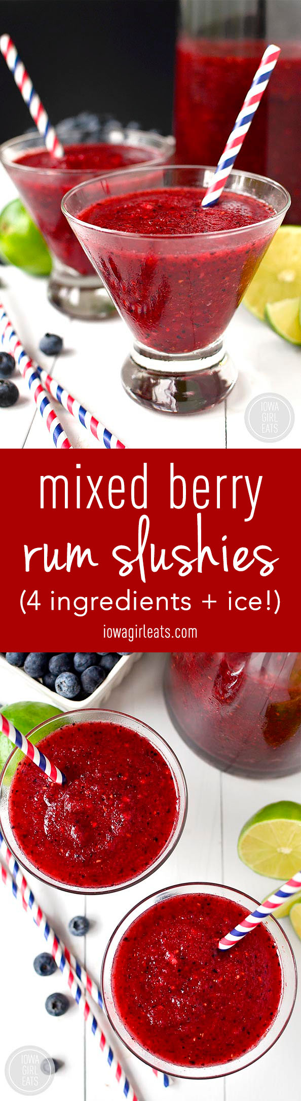 Mixed Berry Rum Slushies are perfectly sweet, tart, and snazzy. Cool down with a glass on a hot summer night! #glutenfree | iowagirleats.com