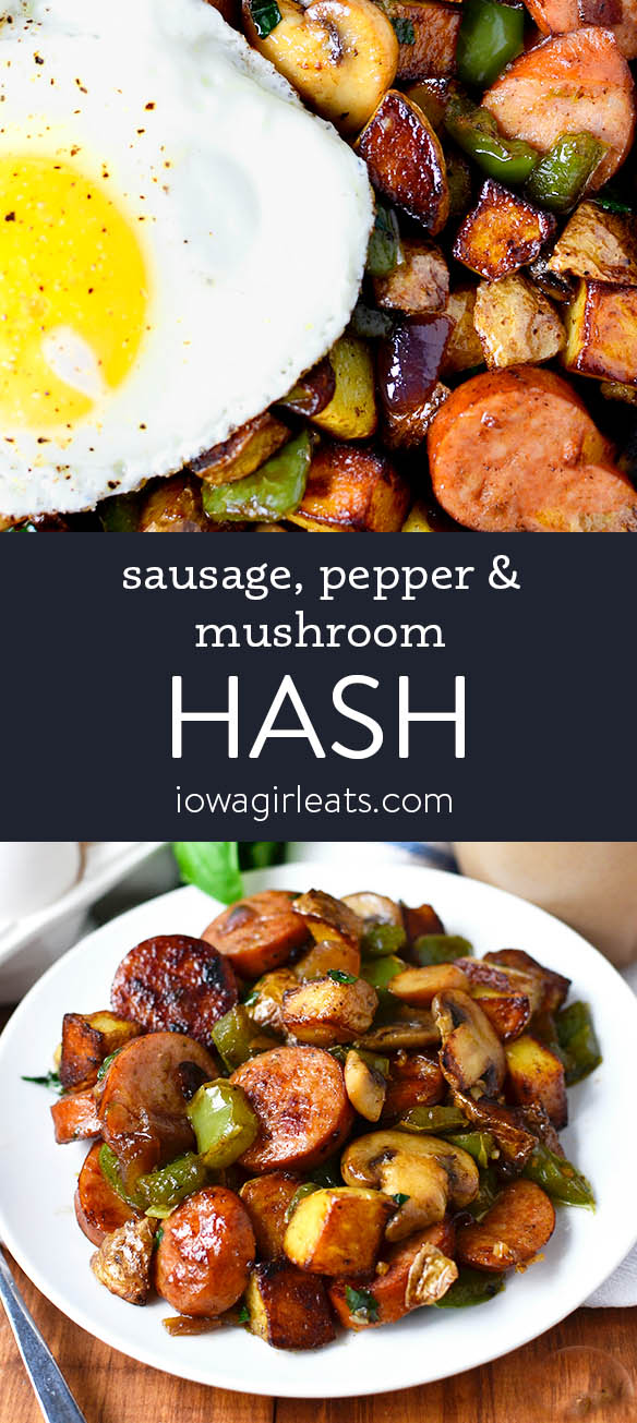 Photo collage of sausage, pepper, and mushroom hash